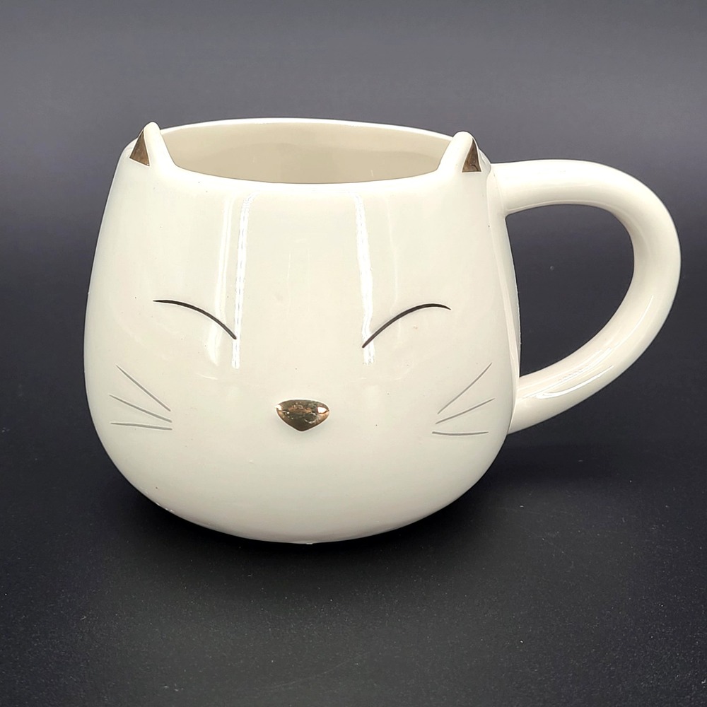 World Market Large White Cat Mug w/ Small Black Kitten Standing Inside Mug 12oz.